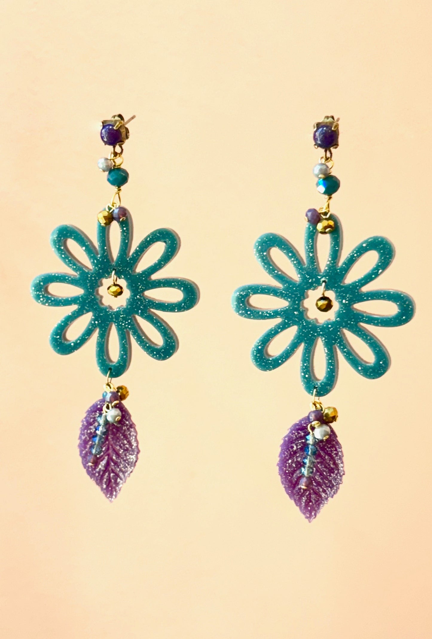 Pendientes grandes flor azul y hoja lila-P-34-148